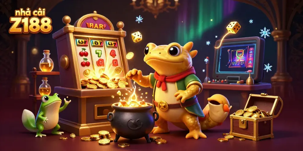 Experience excitement and winning at nhà cái Z188 with a dazzling casino scene featuring gold coins, slot machines, and vibrant games.