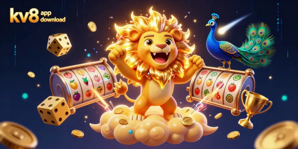 Experience the excitement of casino gaming with the kv8 app download featuring a roaring lion and golden dice.