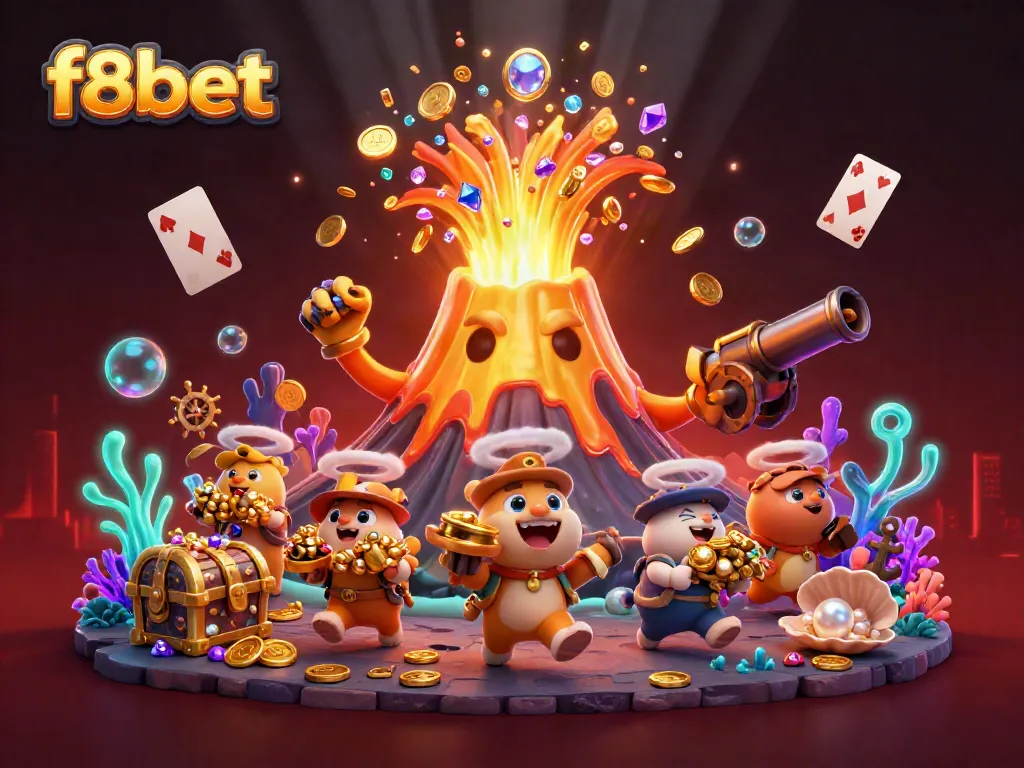 Experience the excitement of f8bet with a dynamic scene of a golden volcano erupting coins and adventurous animals.