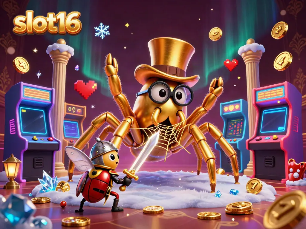 Experience Slot16 excitement with a golden tarantula and beetle knight in a vibrant casino scene.