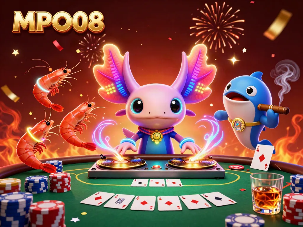 MPO08 celebrates casino fun with vibrant axolotl DJ and lively shrimp dancers at an energetic poker scene.