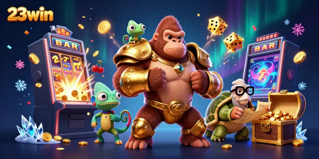 Experience thrilling wins with 23win as a gorilla king and allies unveil a jackpot in a vibrant casino scene.