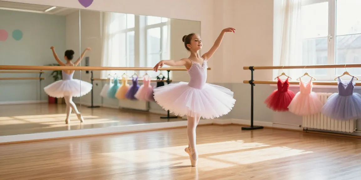 A young girl in a tutu practicing ballet at a tutu store studio, surrounded by colorful tutus and mirrors reflecting her joy.