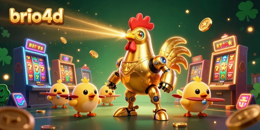 Experience thrilling gaming action at brio4d with bright slots, golden rooster robots, and animated game elements.