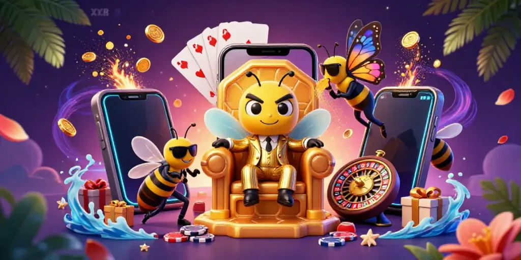 Engage with the vibrant XX8 casino scene featuring a bumblebee mob boss and dynamic game elements.