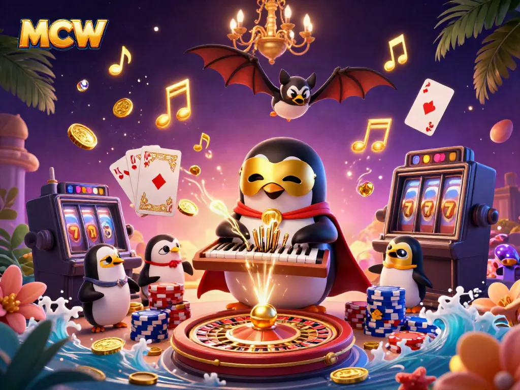 MCW penguin organist launching golden coins, surrounded by vibrant casino elements.