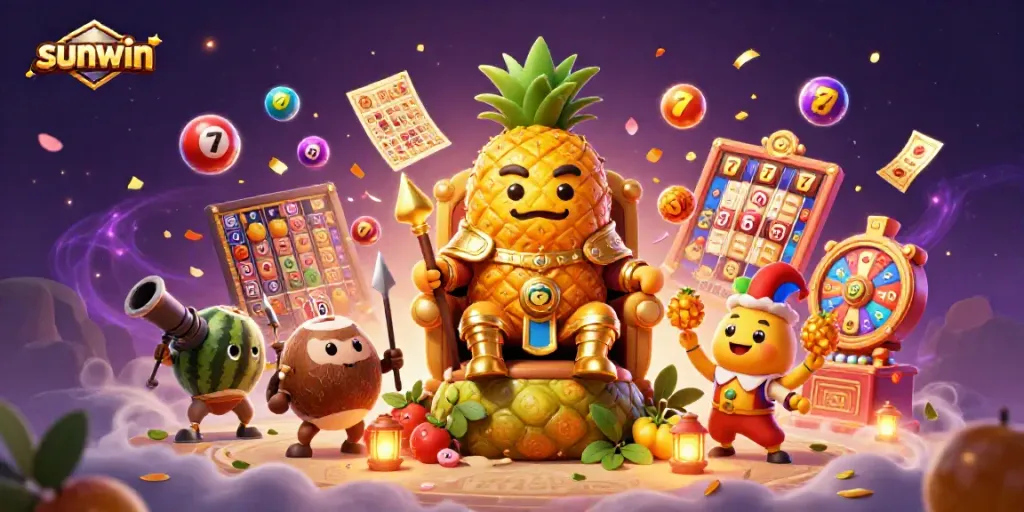 Experience thrilling gameplay at sunwin, featuring vibrant slot reels and a colorful king on a beach casino.
