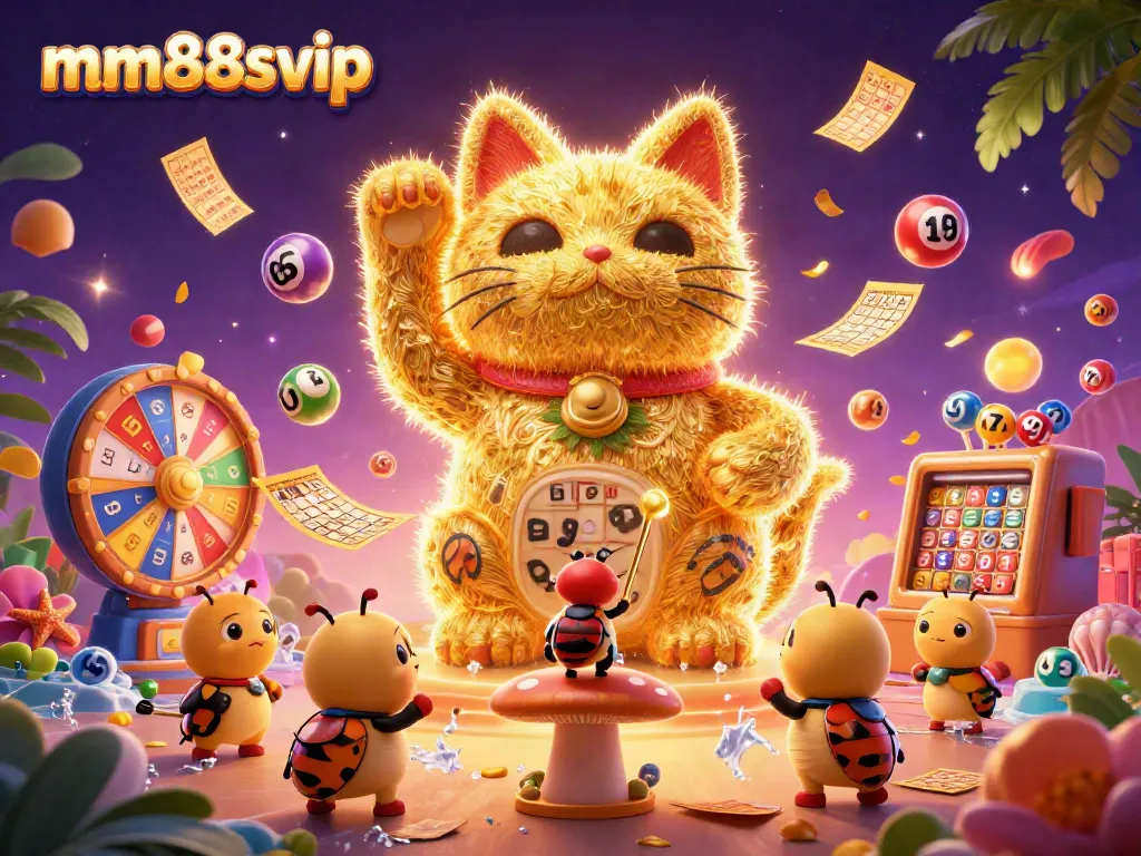 Engage with a dynamic MM88SVIP themed 3D illustration showcasing a lucky cat and vibrant casino elements.