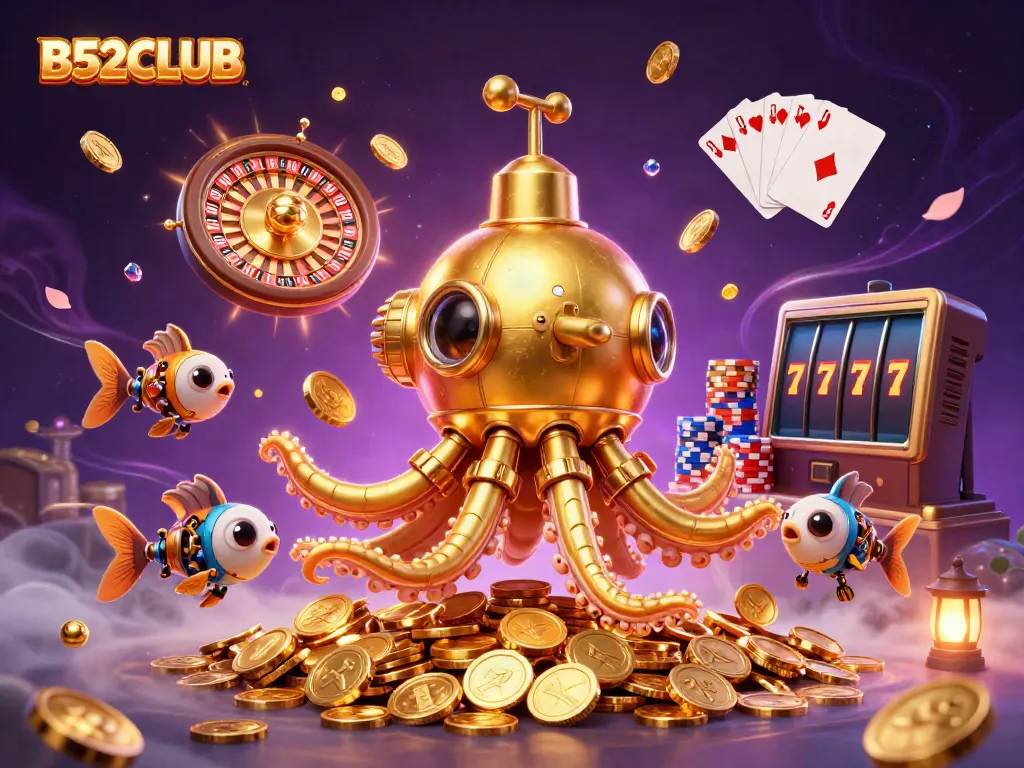 Experience thrilling gambling action at B52CLUB with vibrant scenes of games and treasures.