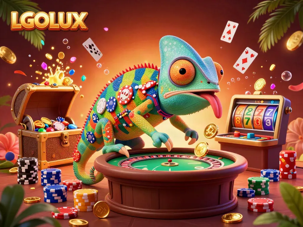 Experience thrilling gameplay with LGOLUX's vibrant casino elements and colorful chameleon character.