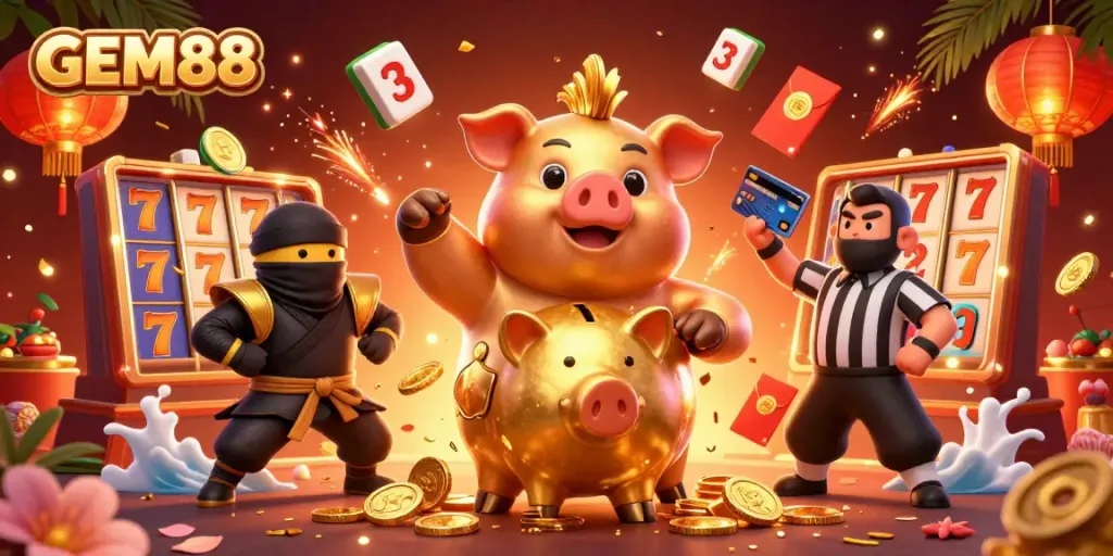 GEM88 showcases an energetic casino scene with animated characters and vibrant slot elements.