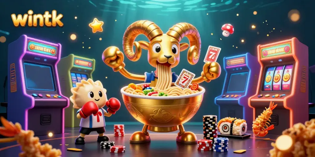 Wintk casino scene featuring a golden ramen bowl character dealing cards amid vibrant slot machines.