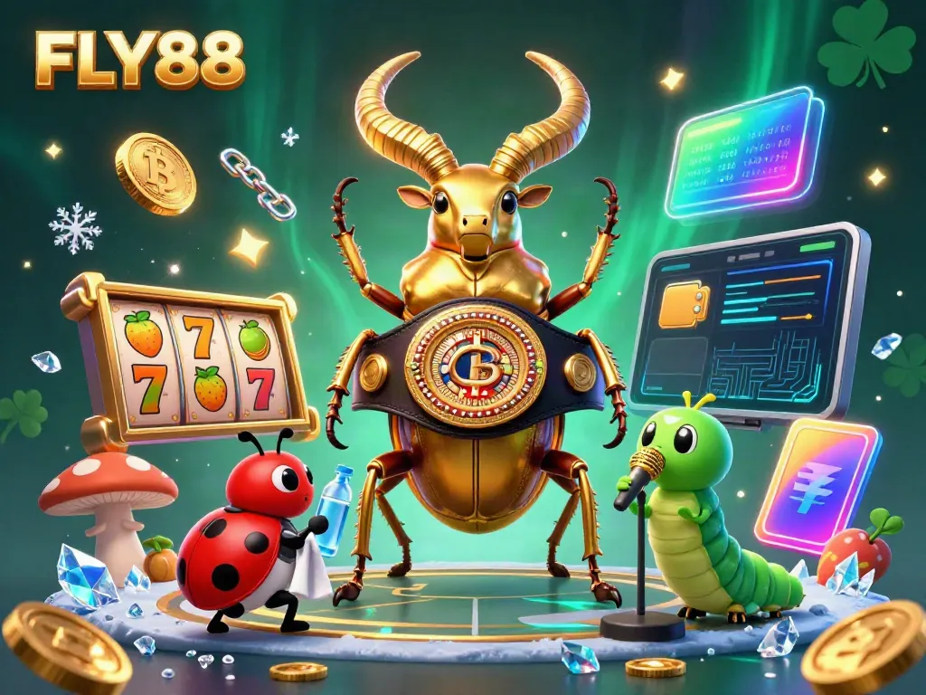 FLY88 highlights thrilling slot gameplay with a giant golden beetle champion in a vibrant illustration.