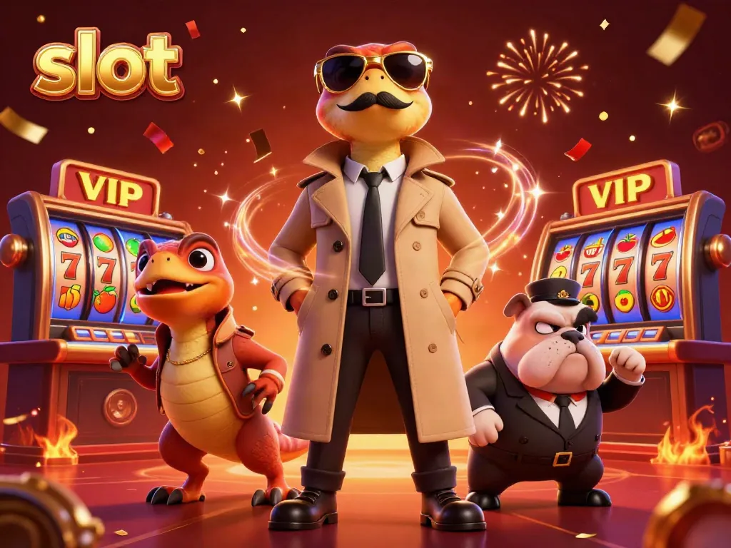 Experience the thrill of slot games with three raptors in a trench coat entering a casino lounge.