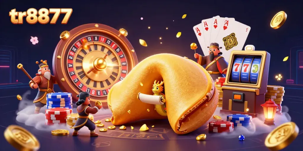 Engage with thrilling moments at tr8877, where golden fortune cookies, a wise dragon, and vibrant casino elements collide.