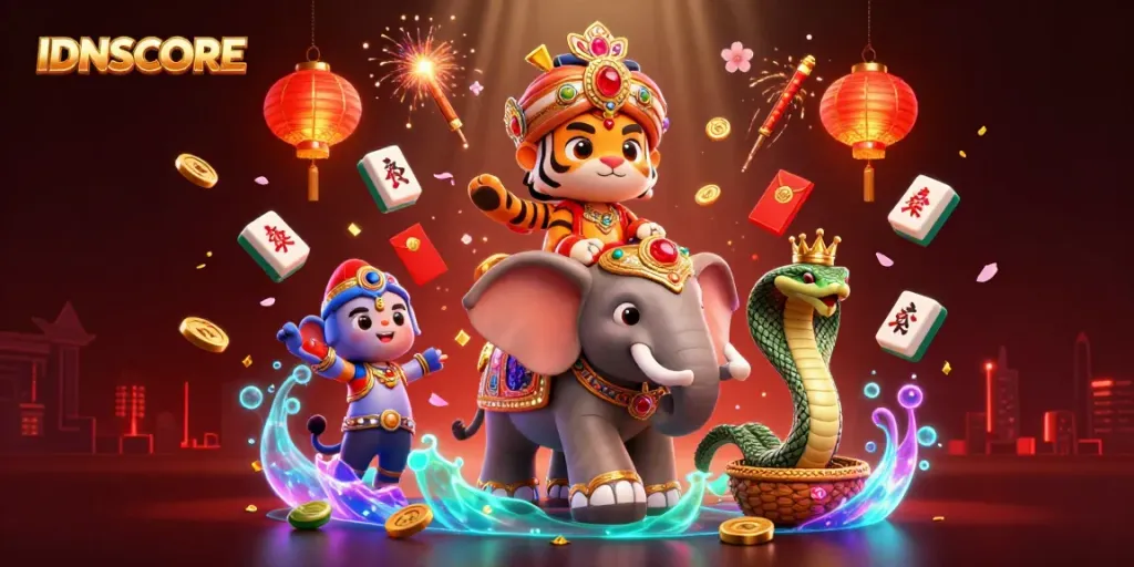 IDNSCORE offers an exciting gambling experience with a 3D illustration of a majestic maharaja tiger, jewel-encrusted elephant, and cobra.