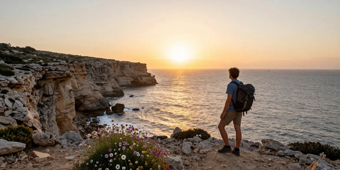 Traveler enjoying Gozo tours at a scenic coastline during sunset, with breathtaking views of the Mediterranean.