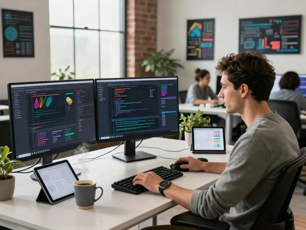 Software developer focused on coding at modern desk with dual monitors at apktodo.
