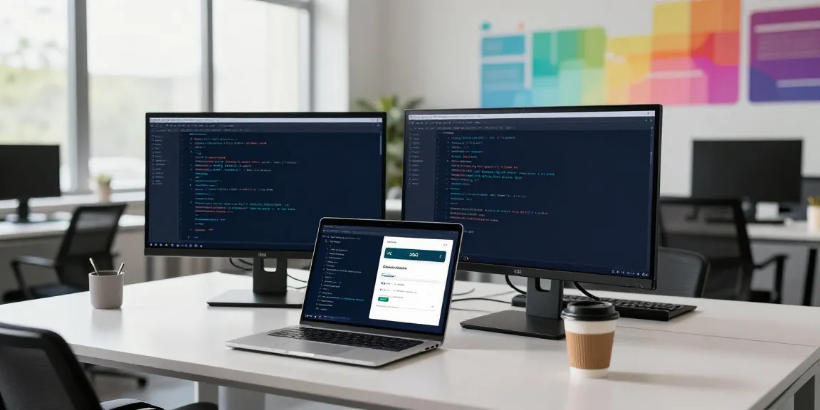 Receive SMS online in a modern tech workspace with dual monitors and smartphone notifications.