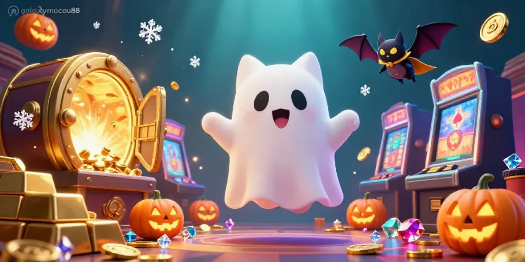 Engage with the thrilling world of galaxymacau88 as a friendly ghost cat and vampire bat explore a vibrant casino filled with treasures.