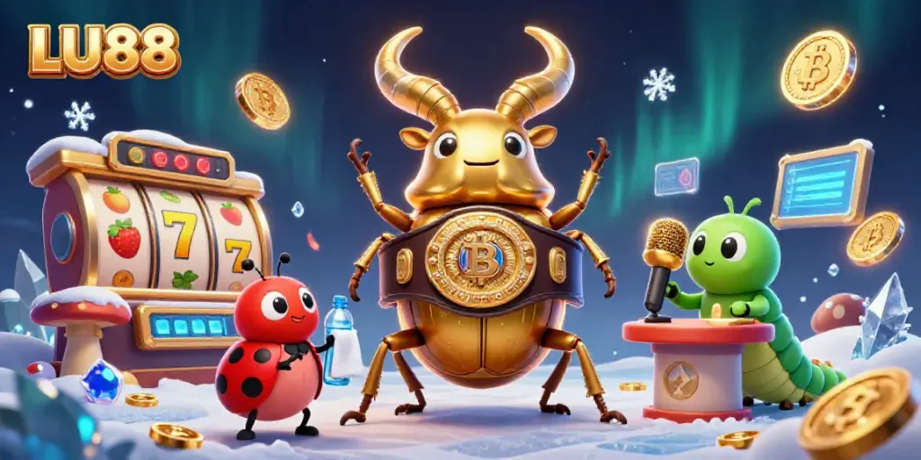 LU88 vibrant gaming scene showcasing a golden stag beetle boxing champion amid jackpots and crypto coins
