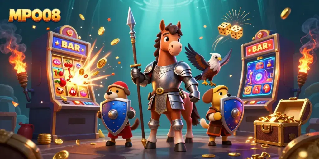 MPO08 jackpot explosion scene with knights and gold gaming elements