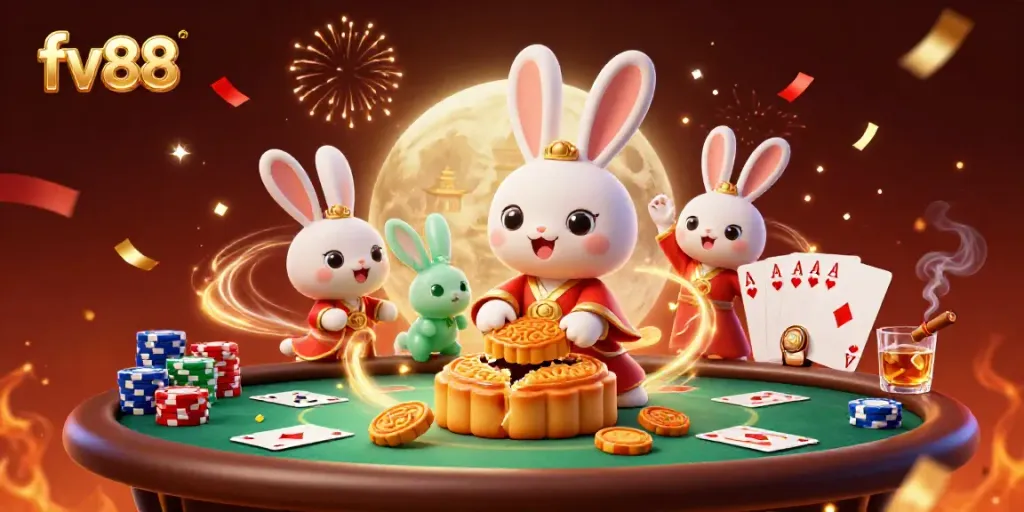 Engage with the thrilling world of fv88 through a lively 3D illustration showcasing a moon rabbit celebrating gambling.