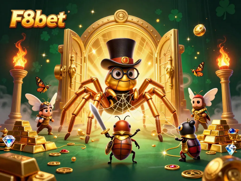 Join the thrilling adventure at F8bet with a golden tarantula and brave beetle knight in an enriched casino setting.