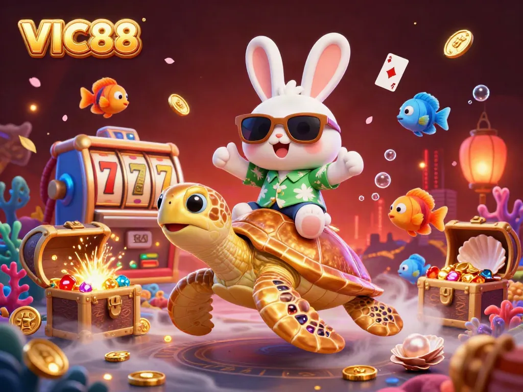 Experience VIC88 thrills as a lucky rabbit rides a golden turtle in a vibrant casino undersea scene.