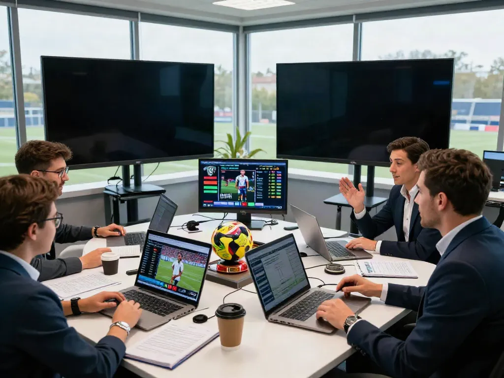 ข่าวซื้อขายนักเตะ discussed in a lively football newsroom with dynamic visuals and excited journalists.