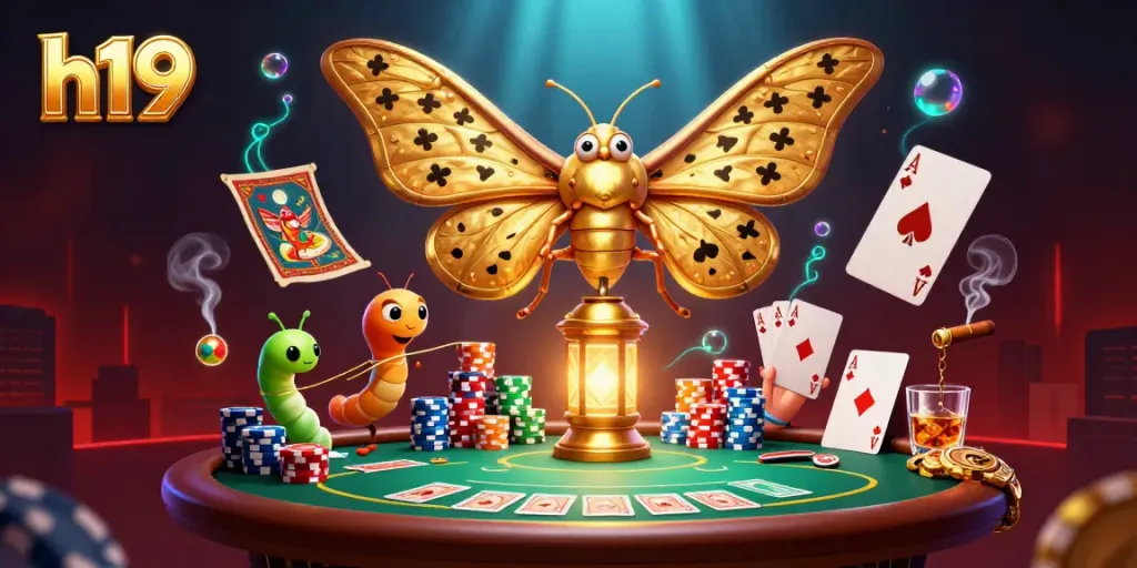 Join the excitement at H19 casino with vibrant games, golden moths, and rich poker elements.