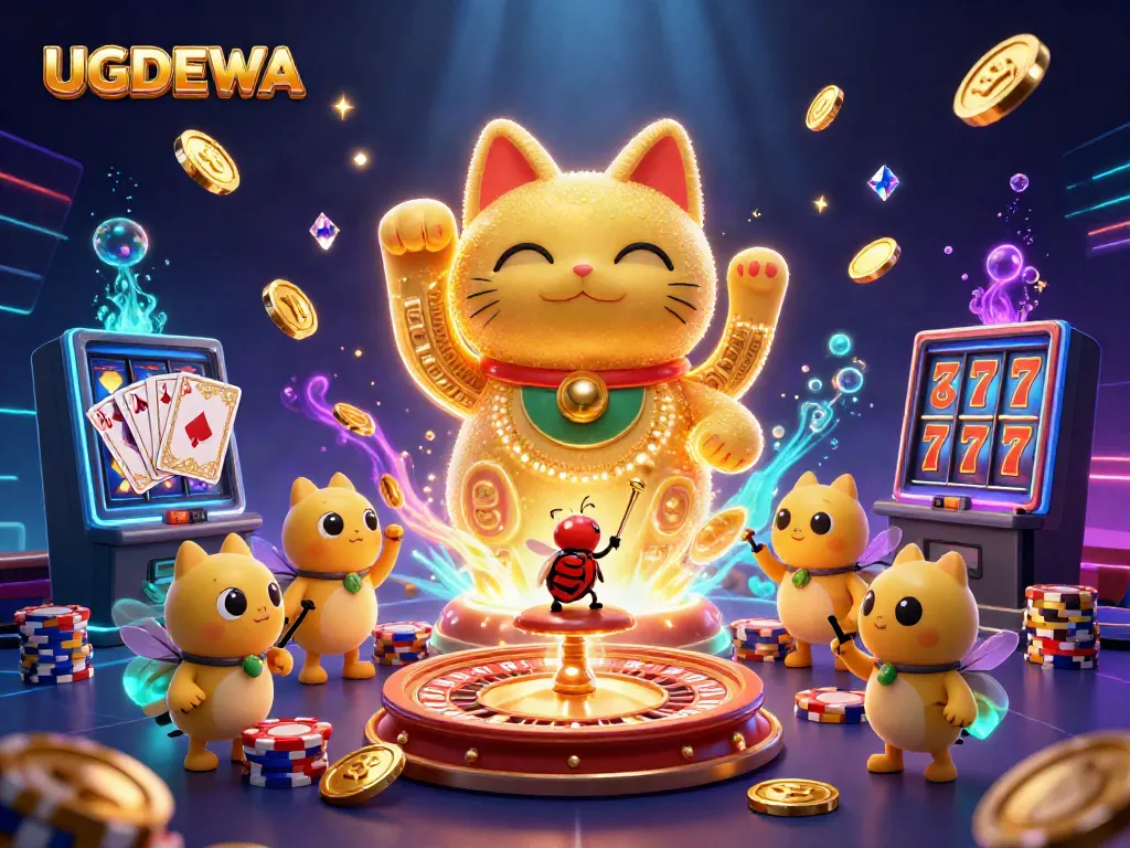 Experience the excitement of UGDEWA with a captivating scene of a lucky cat and casino elements.