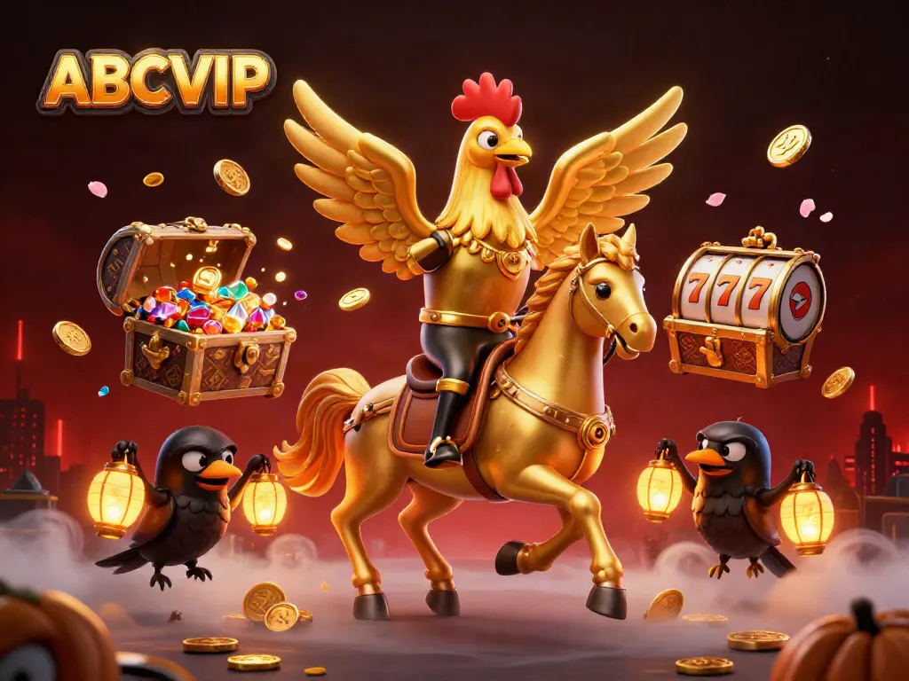 Experience the thrilling ABCVIP casino scene with a golden rooster and captivating characters amidst vibrant symbols of luck.