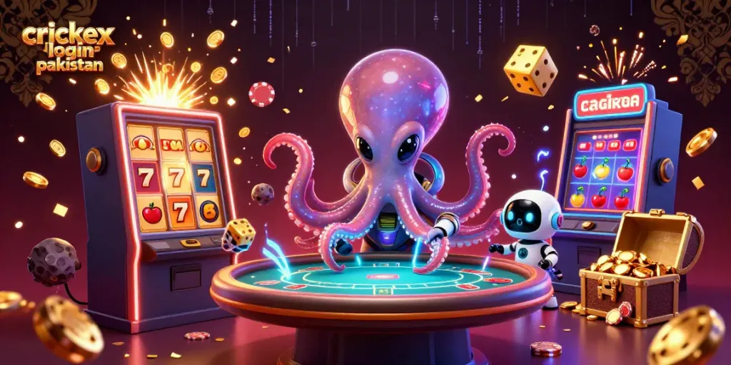 Experience thrilling gameplay with crickex login pakistan, featuring a vibrant alien octopus at a poker table surrounded by dazzling casino elements.