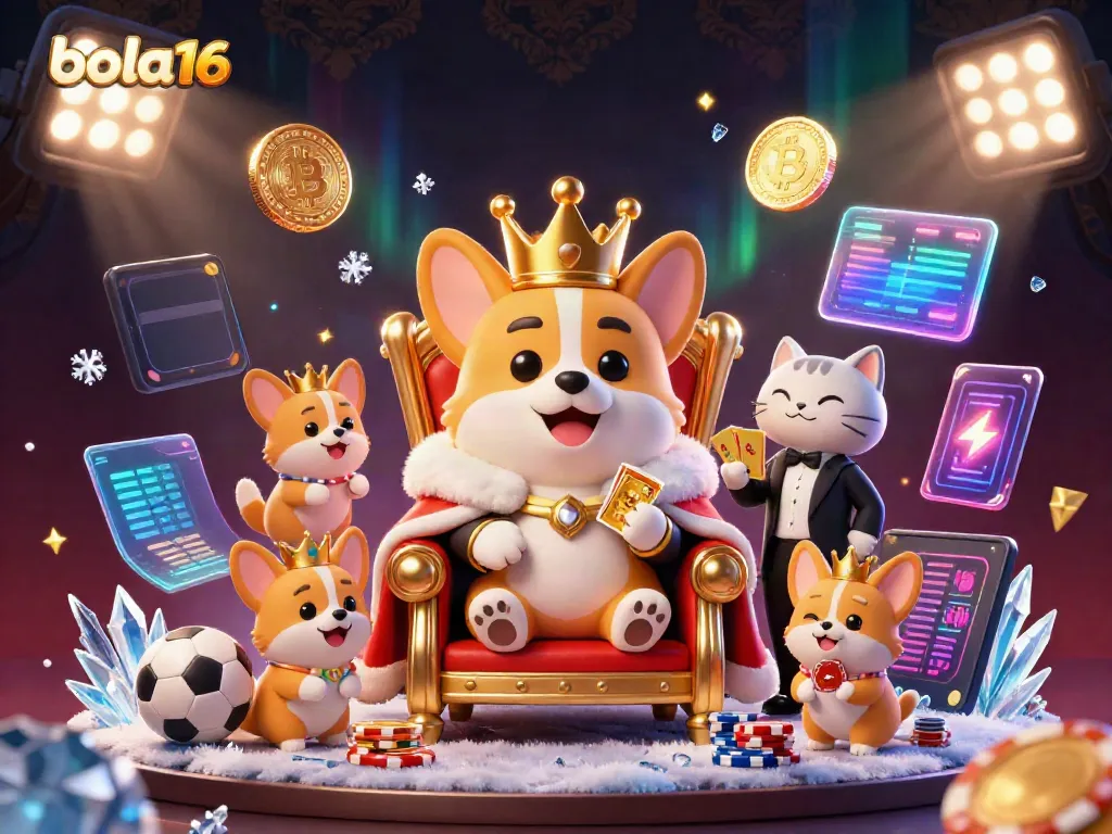 Bola16 sports betting scene featuring a royal corgi, cat butler, and dynamic elements.