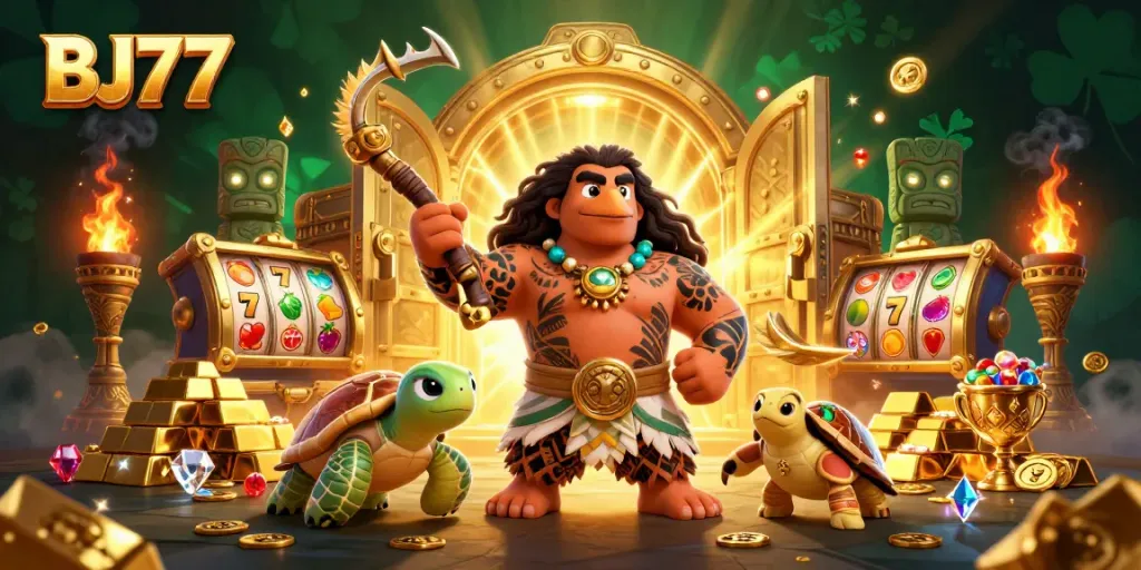 Experience the thrill of BJ77 casino gaming with vibrant symbols and treasure in a dynamic scene