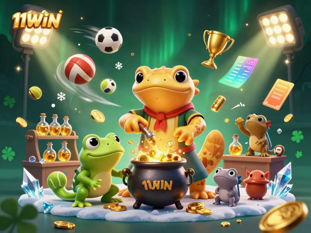 Experience thrilling gameplay with 11WIN, featuring gold coins and sports elements in a dynamic casino scene.