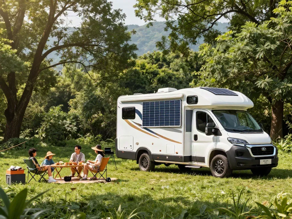 Family enjoying outdoor camping with a lithium RV battery setup in the forest.