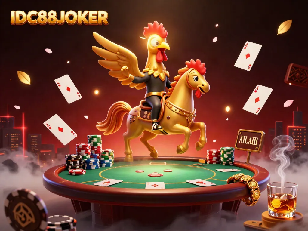 Experience the excitement of IDC88JOKER with golden rooster imagery in a vibrant casino scene.