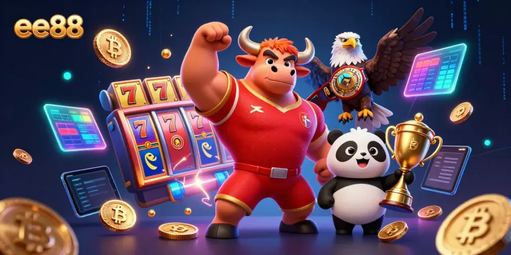 Muscular ee88 bull and allies celebrating a casino victory with vibrant slots and cryptocurrencies.