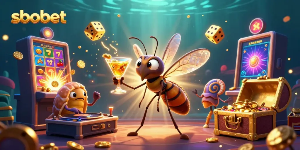 Experience sbobet betting with a lively casino mascot, dynamic game elements, and vibrant colors in an exciting scene.