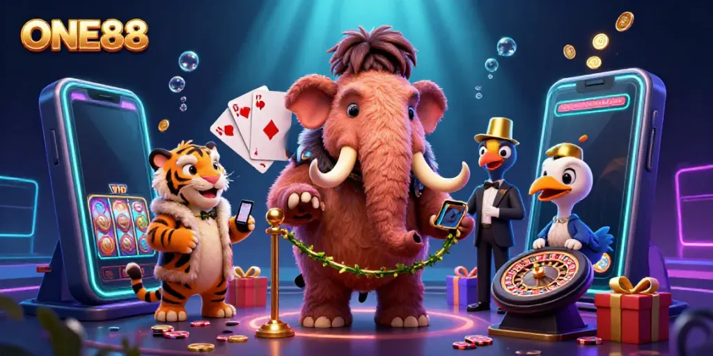Experience thrilling betting action at ONE88 with a vibrant casino scene featuring lively characters and games.