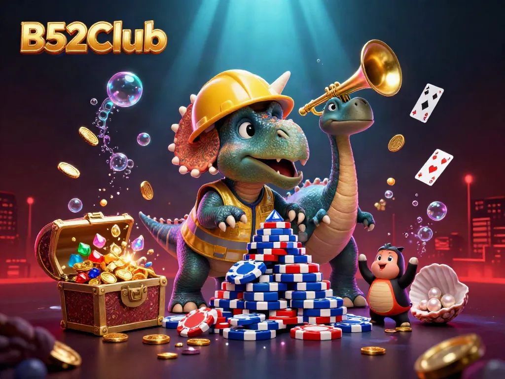 Engage in the thrilling world of B52Club with this vibrant 3D casino scene featuring a triceratops building a poker chip pyramid.