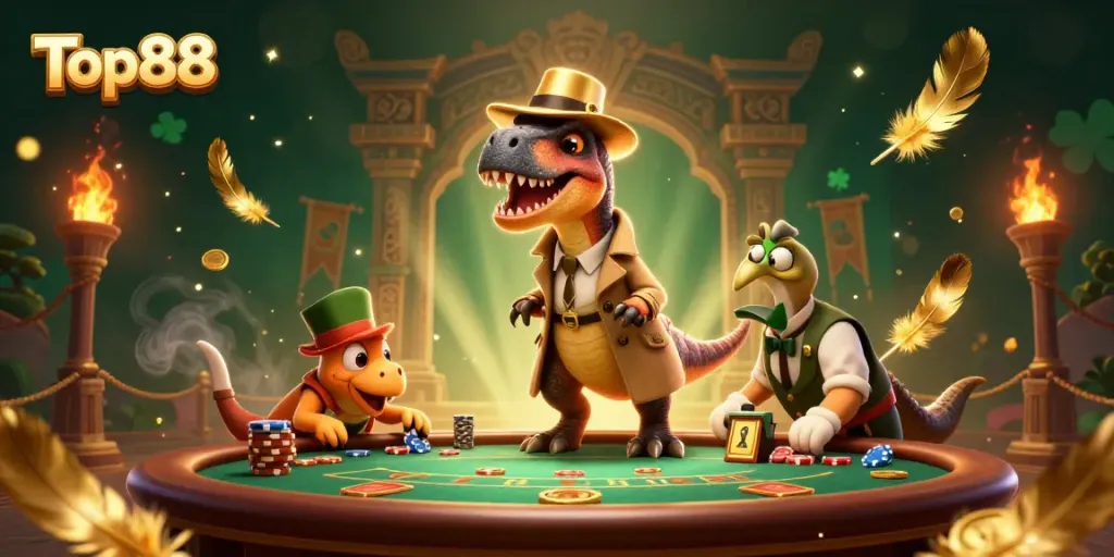 Top88 brings excitement with a velociraptor card counter at a casino table amidst vibrant game elements.