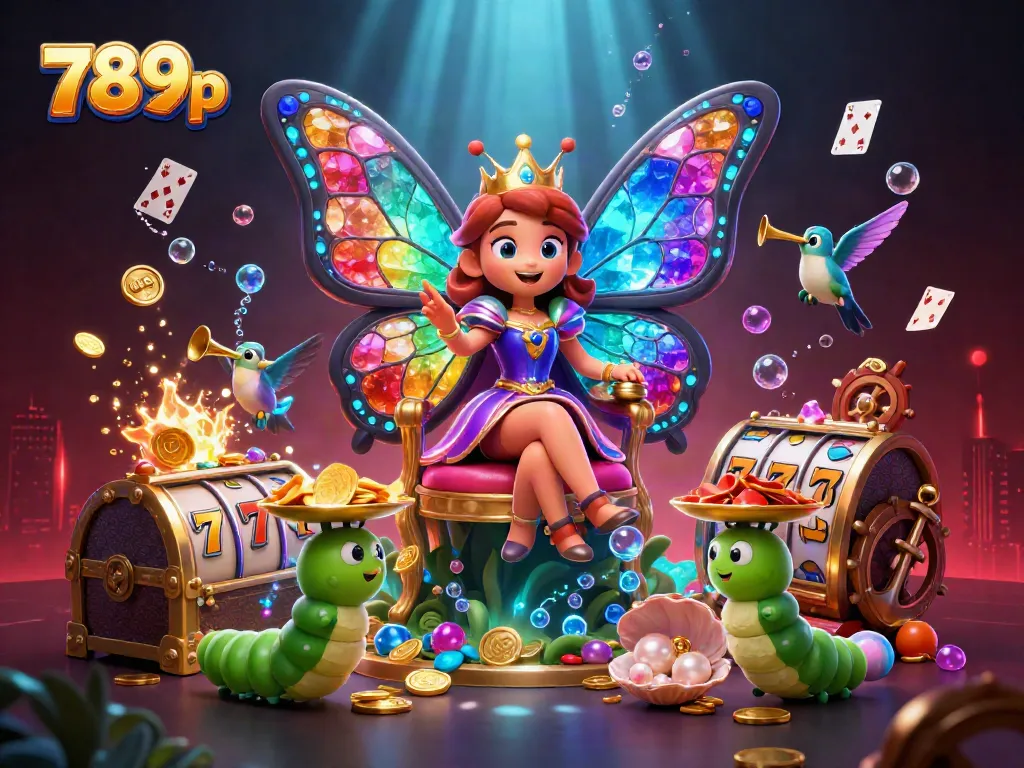 Engage with 789p as the butterfly queen and caterpillars celebrate gaming with vibrant slots, chips, and treasures.