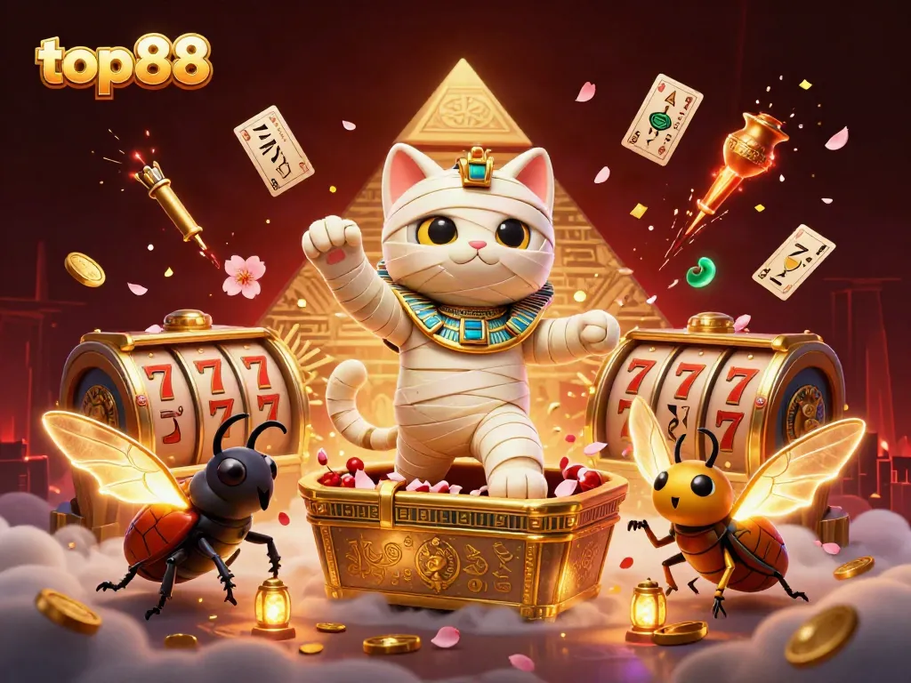 Experience exhilarating gameplay at top88 with a vibrant scene of a mummy cat and casino elements.