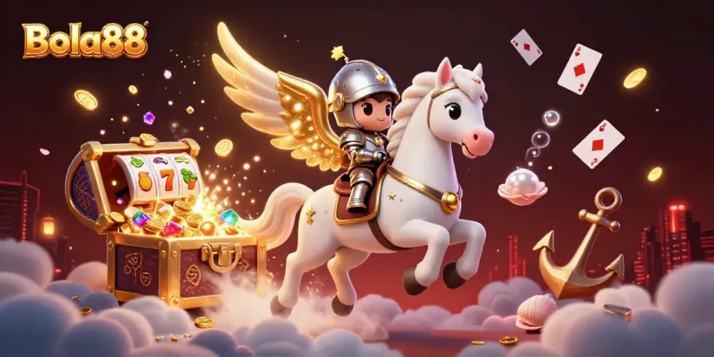 Bola88 casinos feature vibrant slot games and a thrilling atmosphere, showcased in this fantasy illustration.