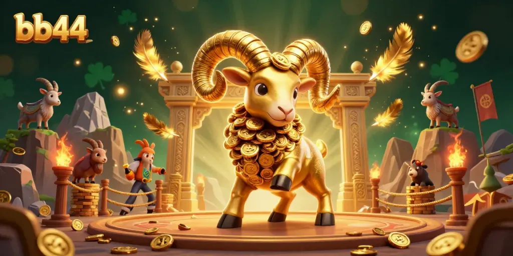 Experience the excitement of bb44 with dynamic gameplay featuring a golden ram charging through a vibrant casino scene.
