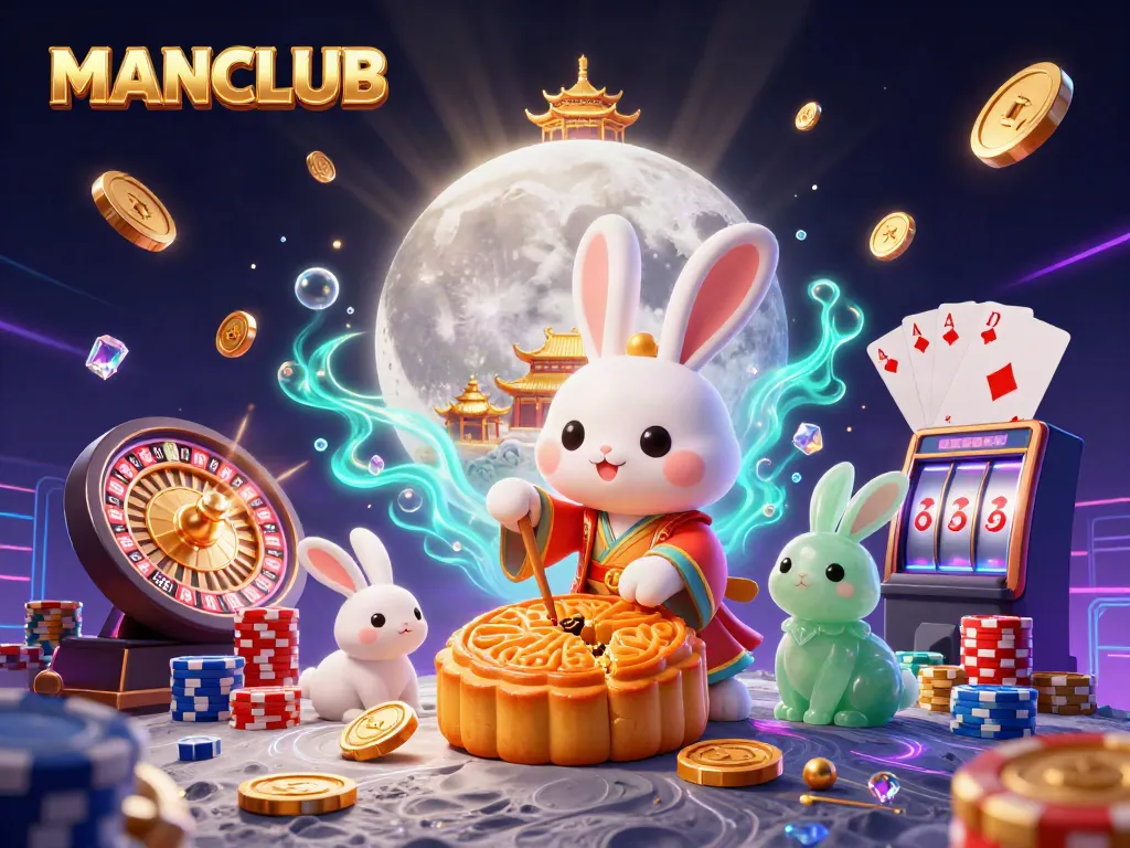 Engage in excitement with MANCLUB as a moon rabbit reveals poker chips from mooncakes amidst casino symbols.