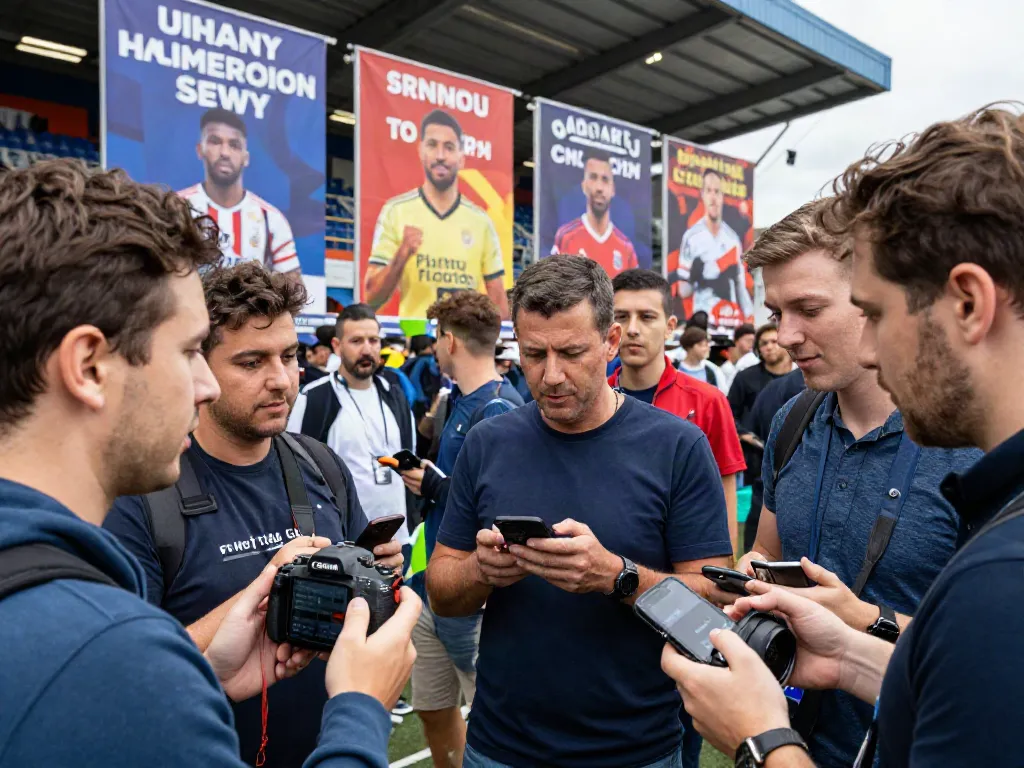 ข่าวซื้อขายนักเตะ scene with reporters capturing transfer news outside a stadium, vibrant and energetic atmosphere.